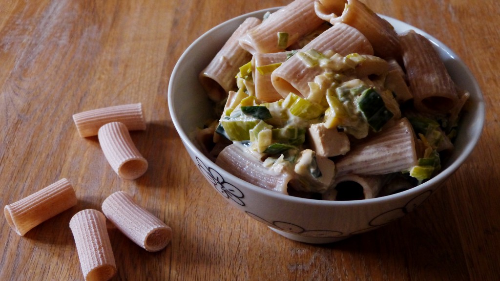 pasta met tofu en prei